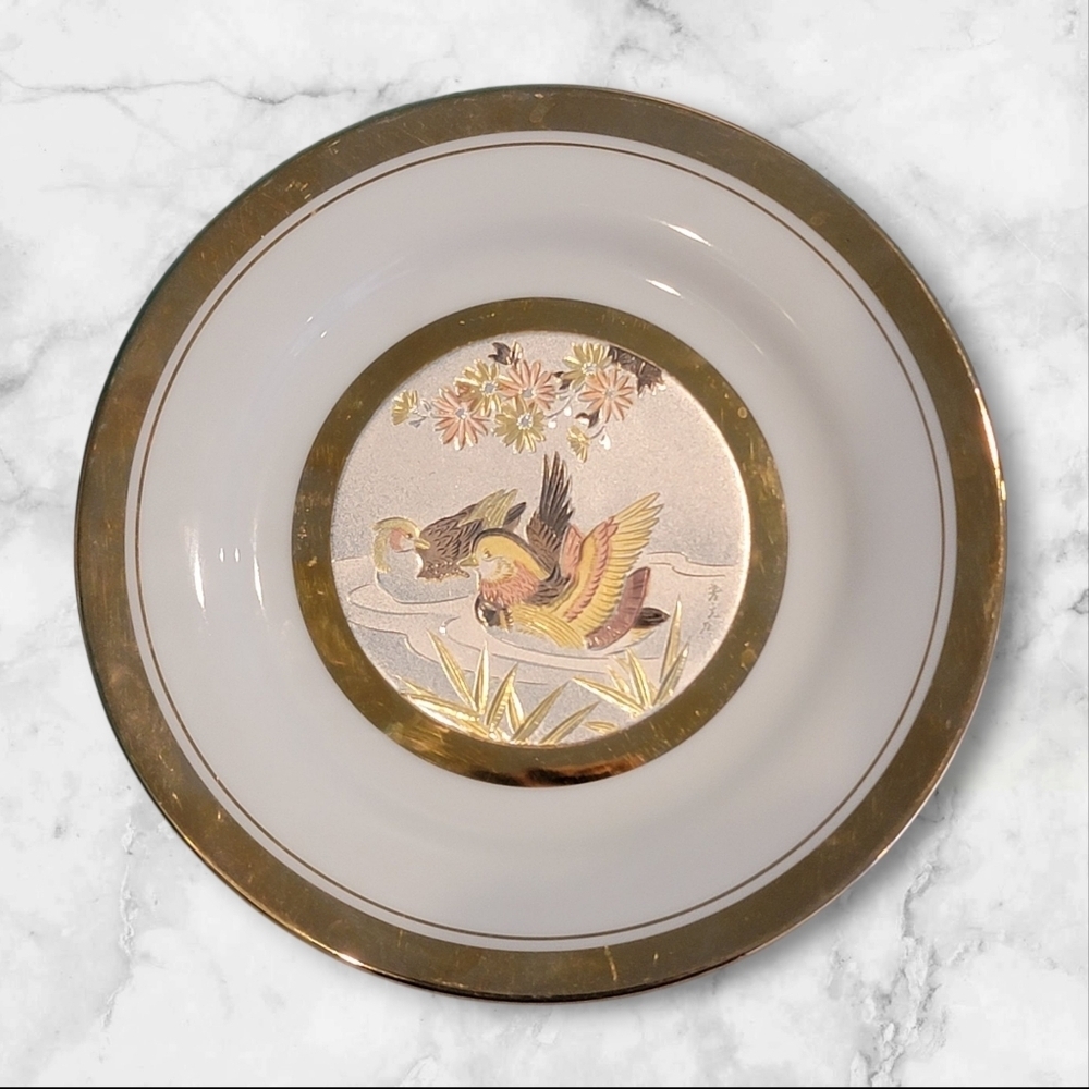 The Art of Chokin Plate Flower Blossom Duck Water Fowl Bird Vintage Japan 24k